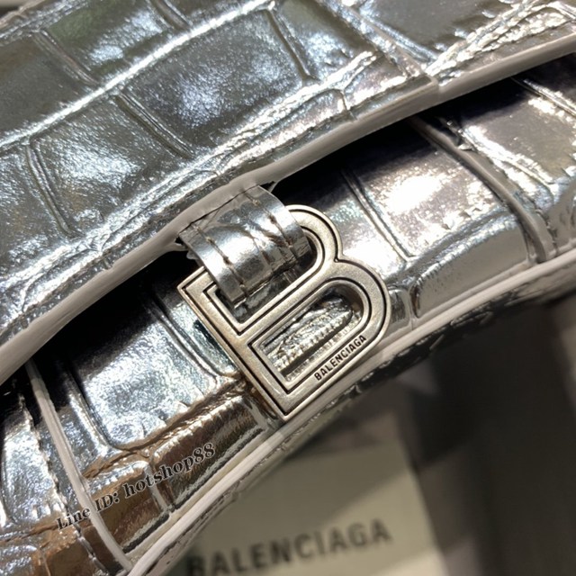 Balenciaga專櫃爆款迷你鱷魚紋銀色手提女包 巴黎世家mini Hourglass沙漏包 fyj1928